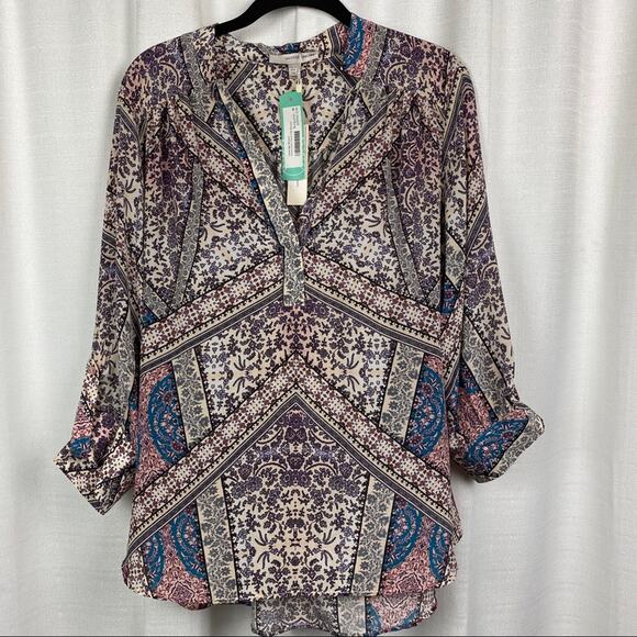 Stitch Fix Lavender Brown Burgundy Jenna Split Neck Silk Blouse Sz.M NWT - Picture 2 of 11